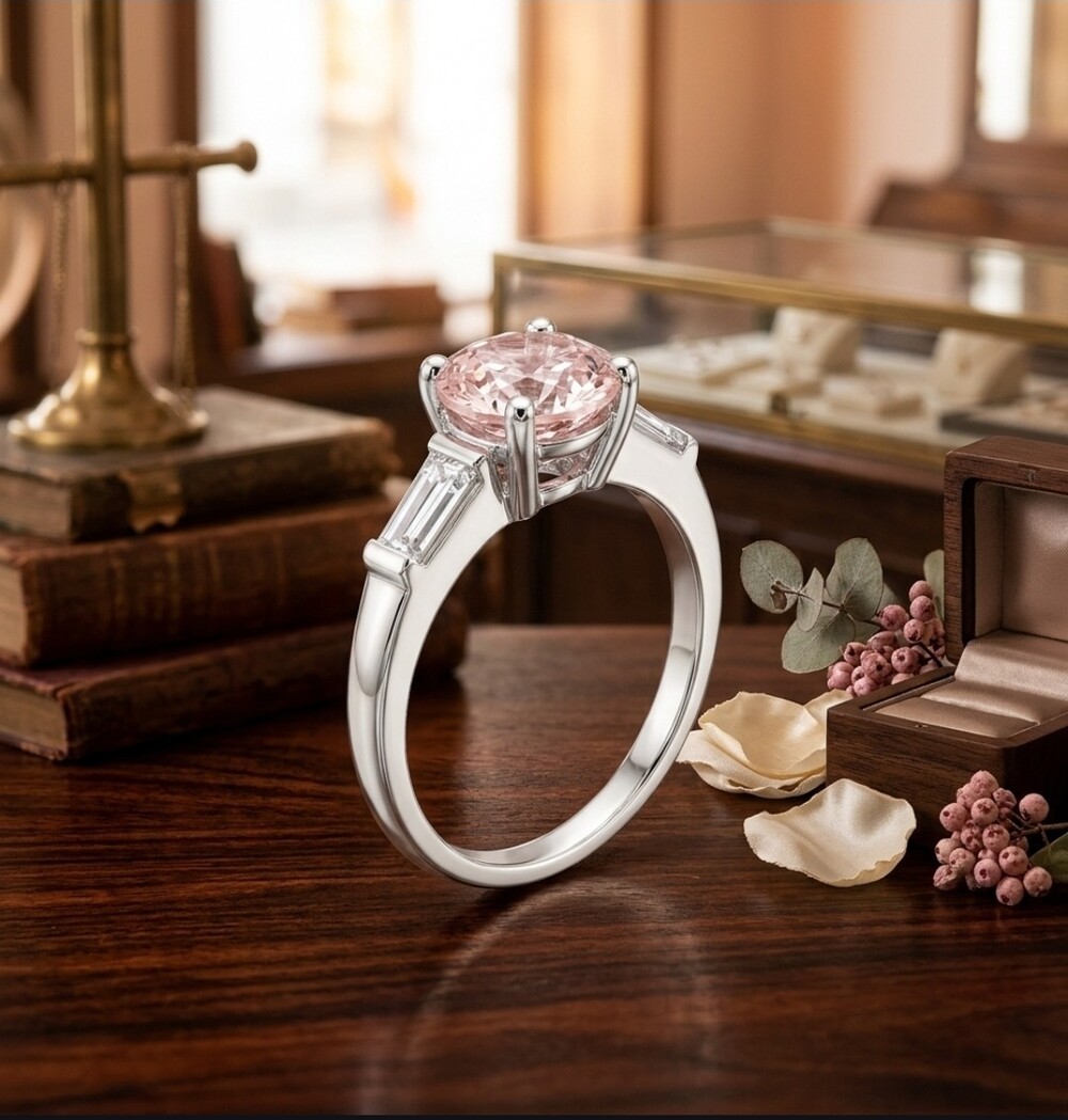 Brand New 3-Stone Pink Sapphire & Baguette Engagement Ring SZ. 6.5